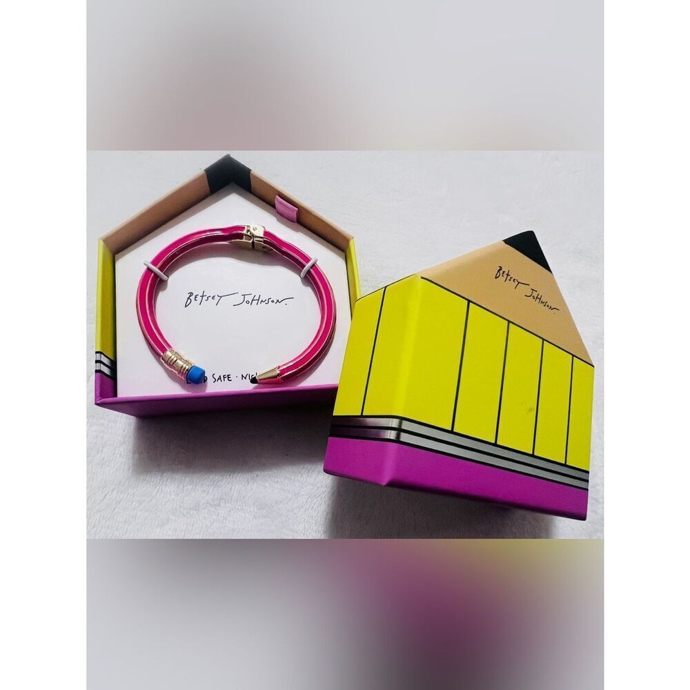 New BETSEY Johnson Pink Pencil Hinged Cuff Bracelet With Box Pink Color Orig $58 - Picture 3 of 5
